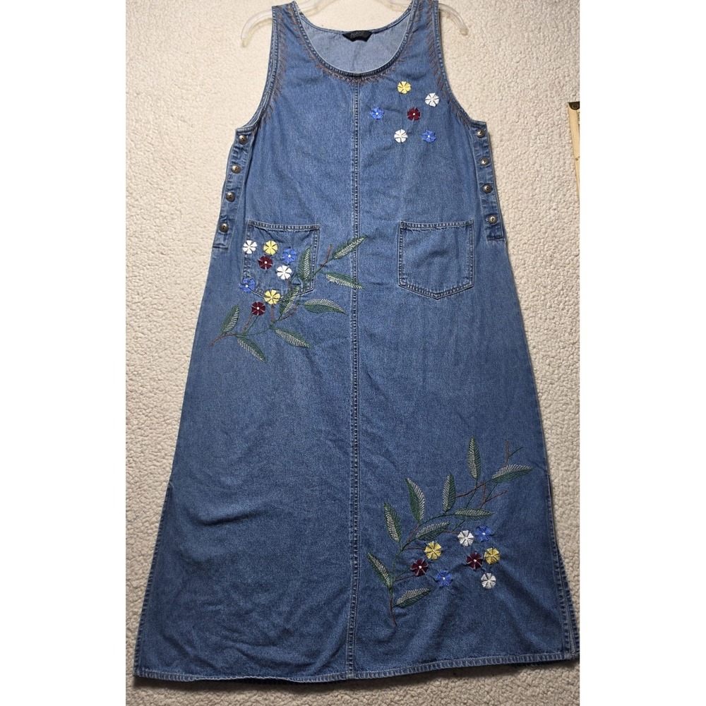 Agapo Vintage Collection Womens Denim Embroidered Floral Jumper Dress Blue Maxi